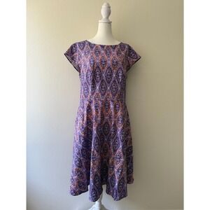 PUKAVT Purple Geometric Fit & Flare Dress Sz XL Cotton Blend Boho Retro Pockets